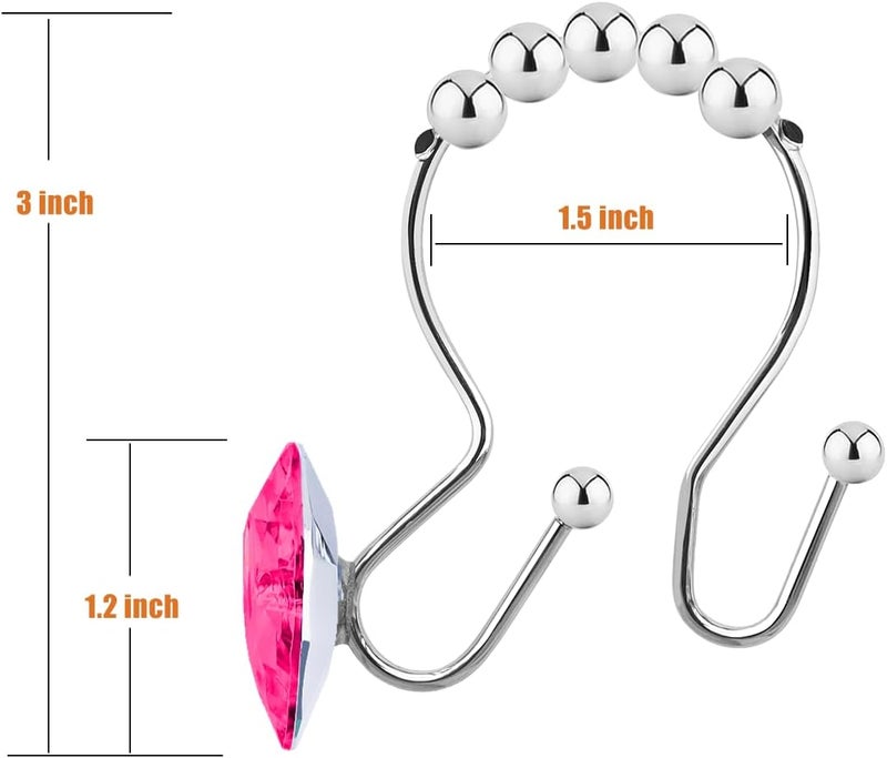 Yapicoco Shower Curtain Hooks Rings for Bathroom, 12PCS Heart Stainless Steel Rust Resistant Decorative Rhinestones Shower Curtain Rings Hangers for Shower Curtains (Double Hook Hot Pink) - Image 2